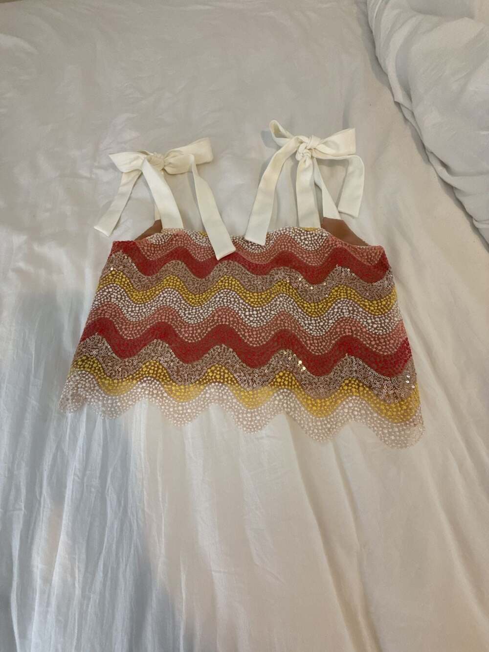 NBD crochet/knit halter top with multicolor wavy stripes.